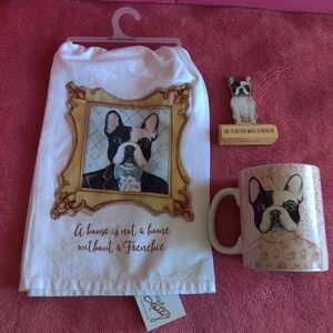 Primitives by Kathy Frenchie Towel , Mug decorative Wooden sign Set